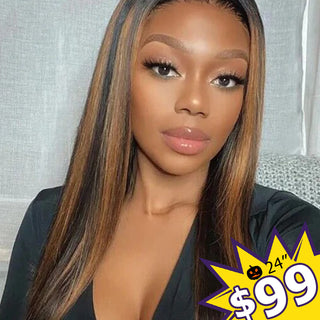 24" Only $99 | 13x4" 150% 4/27 Highlight Straight Brown Transparent Lace Wig