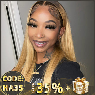 Ombre Honey Blonde Straight 13x4 HD Crystal Lace Wig Lace Front Human Hair Wigs [GWL47]
