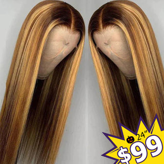 24" Only $99 | 13x4" 180% 4/27 Highlight Straight Brown Transparent Lace Wig