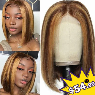 Only $54.99 | 4x4" 150% Highlight 4P/27 Straight Bob Brown Transparent Lace Wig