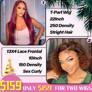 [2 Wigs=$159] 22" T-part Wavy Wig and 10" Lace Frontal Curly Bob