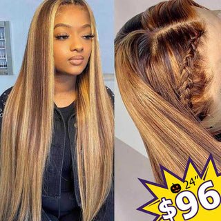 24" Only $96 | 13x4" 150% 4/27 Highlight Straight Brown Transparent Lace Wig