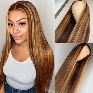 22" Only $96 | 13x4" 180% 4/27 Highlight Straight Brown Transparent Lace Wig