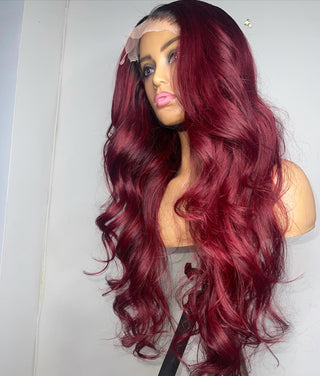 Beginner friendly | 1B/Red Rooted Red 99J | 250% T-Part Transparent Brown Lace Wig