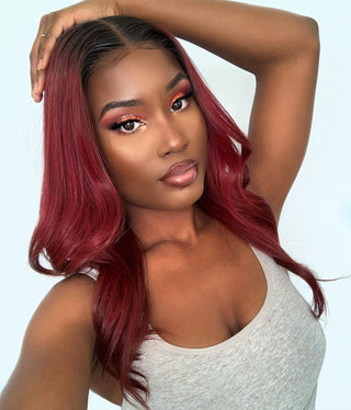 Beginner friendly | 1B/Red Rooted Red 99J | 250% T-Part Transparent Brown Lace Wig