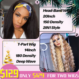 [2 Wigs=$129] 20" Head-Band 2IN1 Wig and 14" T-part Deep Wave