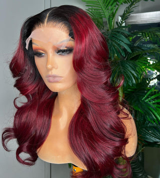 Beginner friendly | 1B/Red Rooted Red 99J | 250% T-Part Transparent Brown Lace Wig