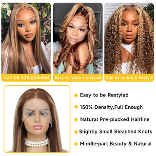 [24hr Free SHIPPING] Highlight 4P/27 Straight Long Wig | 13x4 Transparent Lace Front Wig Medium Cap| Flash Sale